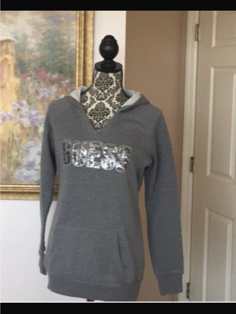 Guess Gray Hoodie with Silver Sequin Logo
